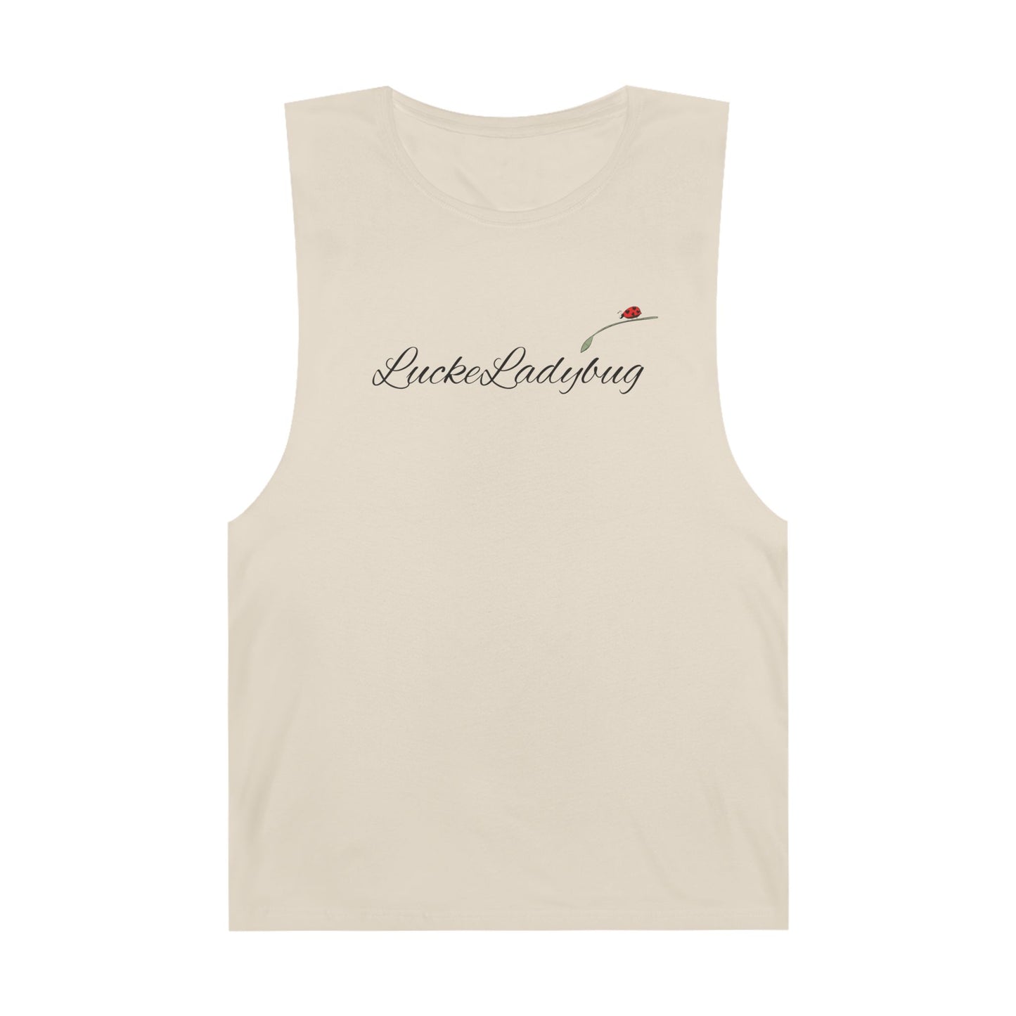 LuckeLadybug beige tank top with bold ladybug print tank design and logo on front
