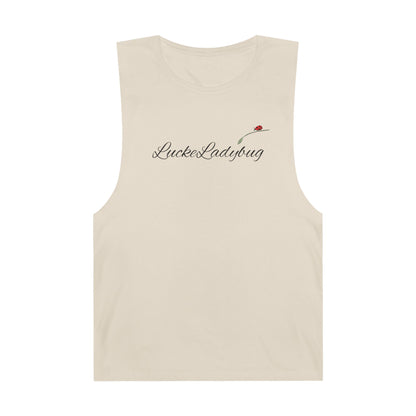 LuckeLadybug beige tank top with bold ladybug print tank design and logo on front