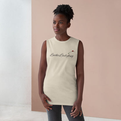 Woman wearing LuckeLadybug bold ladybug print tank in beige with red ladybug detail on chest