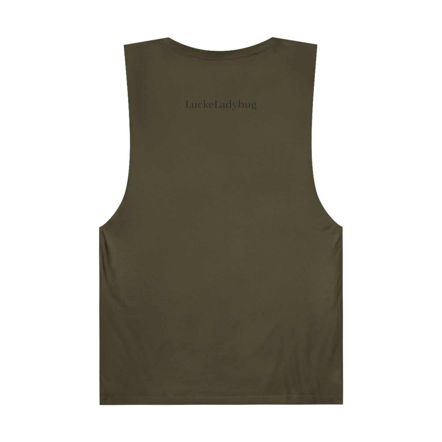 Back view of olive green tank top by LuckeLadybug with simple design and bold ladybug print tank