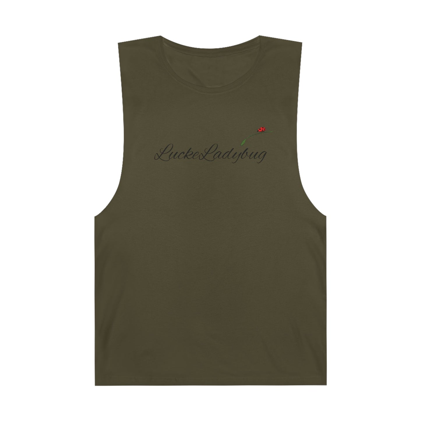 Olive green tank top with LuckeLadybug logo and bold ladybug print tank design