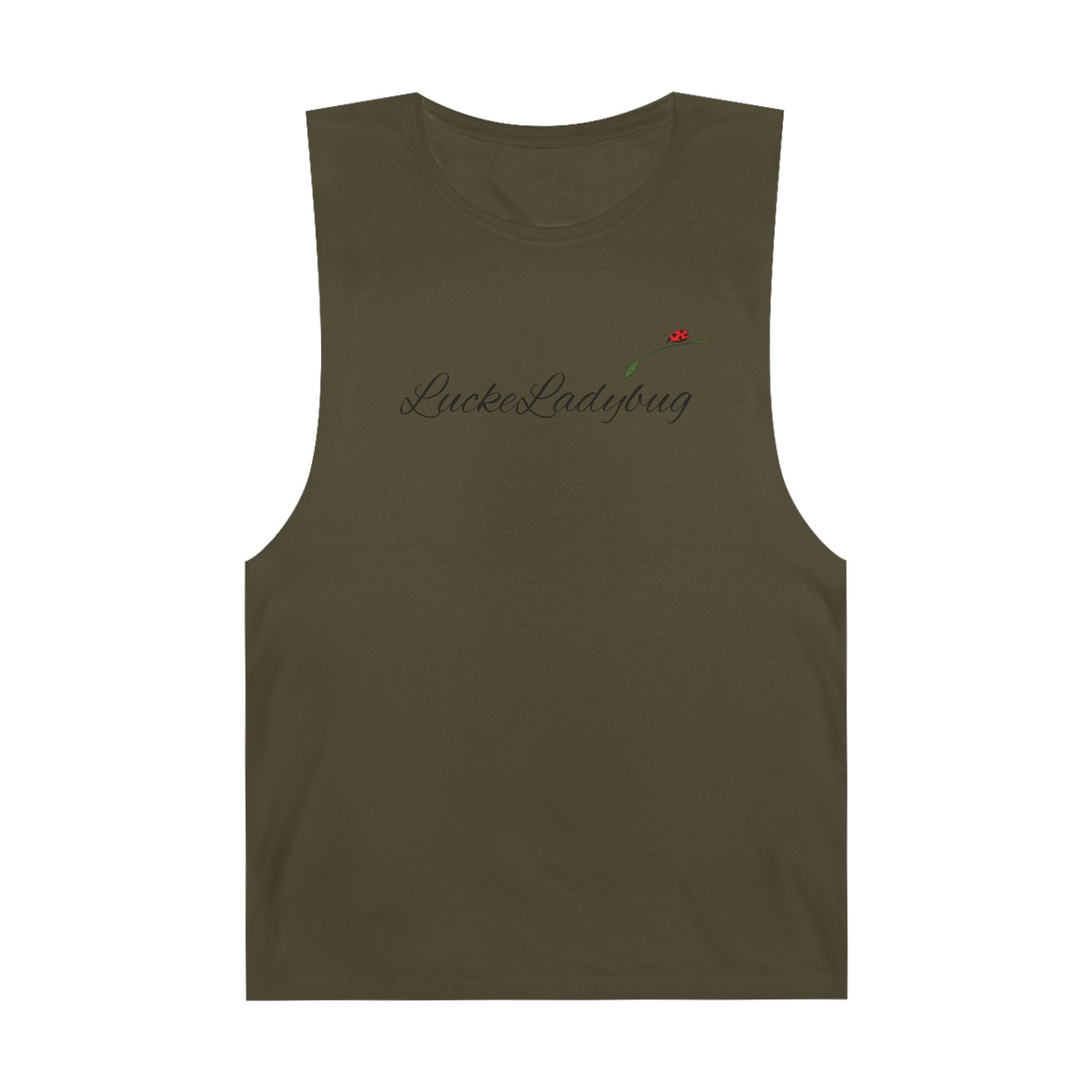 Olive green tank top with LuckeLadybug logo and bold ladybug print tank design