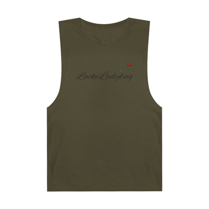 Olive green tank top with LuckeLadybug logo and bold ladybug print tank design