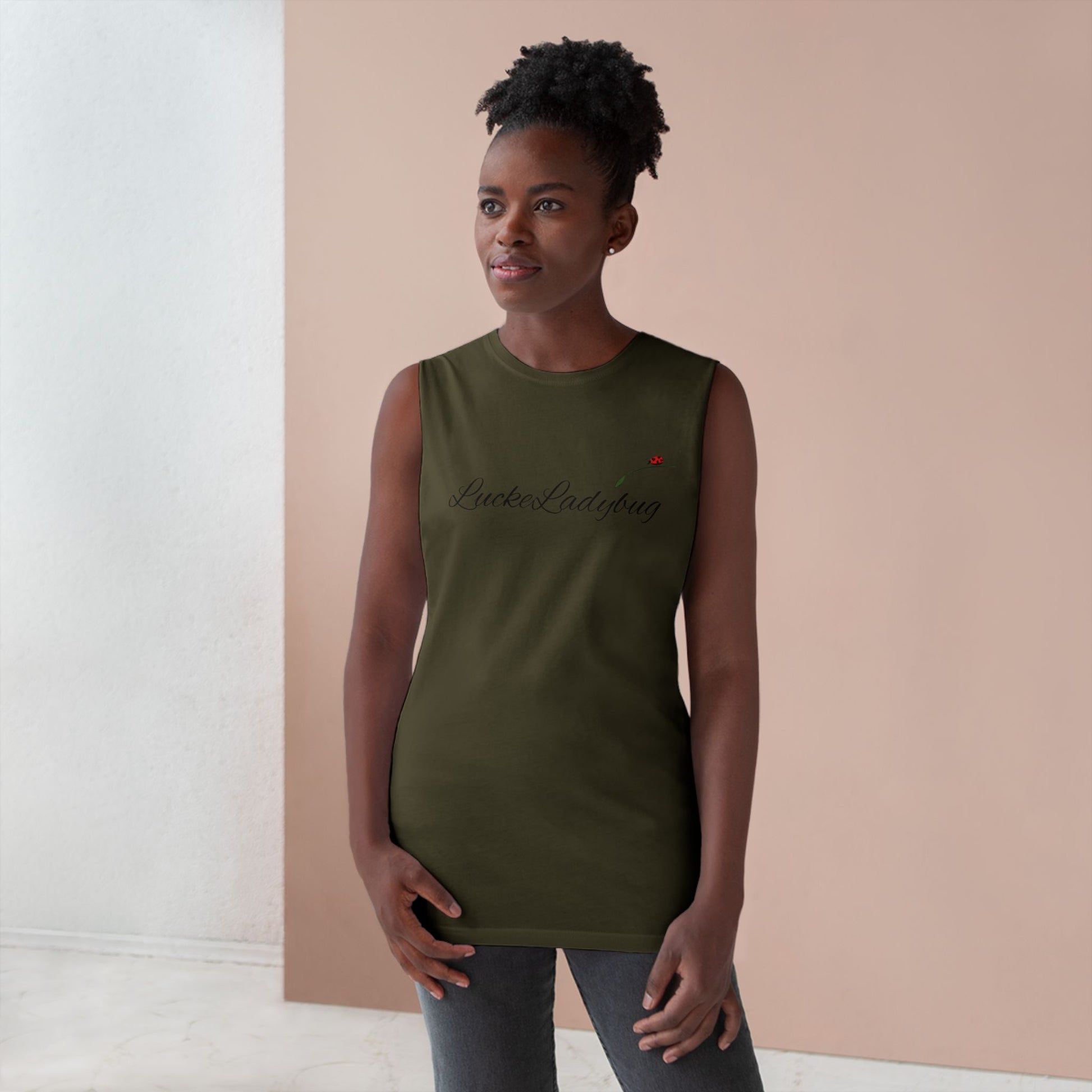 LuckeLadybug bold ladybug print tank in olive green with sleeveless design worn by woman