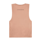 LuckeLadybug beige tank top back view with brand logo and bold ladybug print tank style