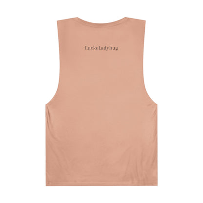 LuckeLadybug beige tank top back view with brand logo and bold ladybug print tank style
