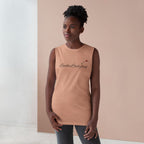 LuckeLadybug bold ladybug print tank in tan worn by woman with natural hairstyle