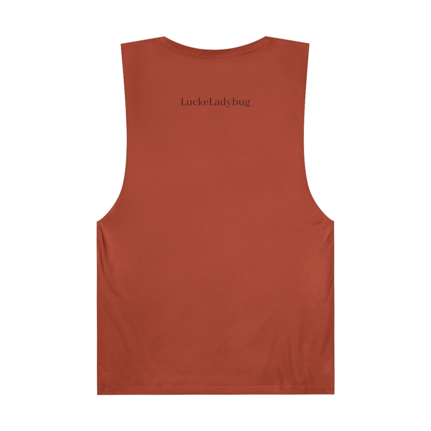 Back view of LuckeLadybug bold ladybug print tank in solid rust color sleeveless design