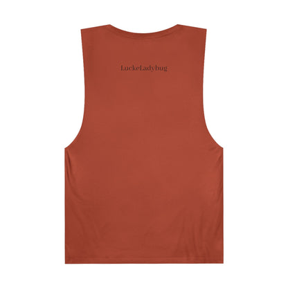 Back view of LuckeLadybug bold ladybug print tank in solid rust color sleeveless design