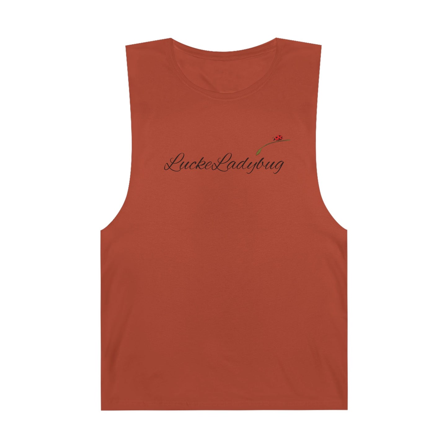 Rust-colored tank top with LuckeLadybug logo and bold ladybug print tank design on the chest