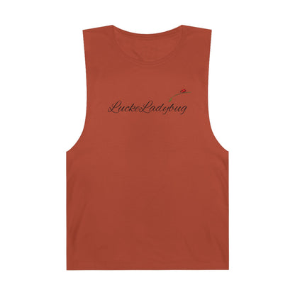 Rust-colored tank top with LuckeLadybug logo and bold ladybug print tank design on the chest