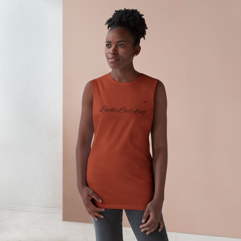 LuckeLadybug sleeveless tank top in rust color featuring bold ladybug print tank design