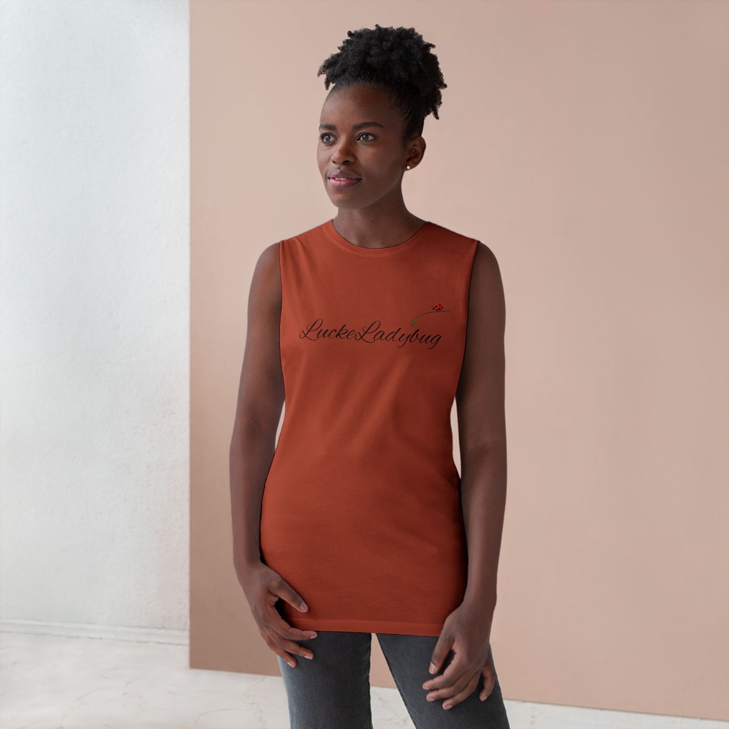 LuckeLadybug sleeveless tank top in rust color featuring bold ladybug print tank design