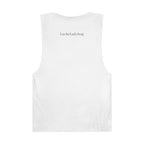 Back view of white tank top with LuckeLadybug logo for bold ladybug print tank