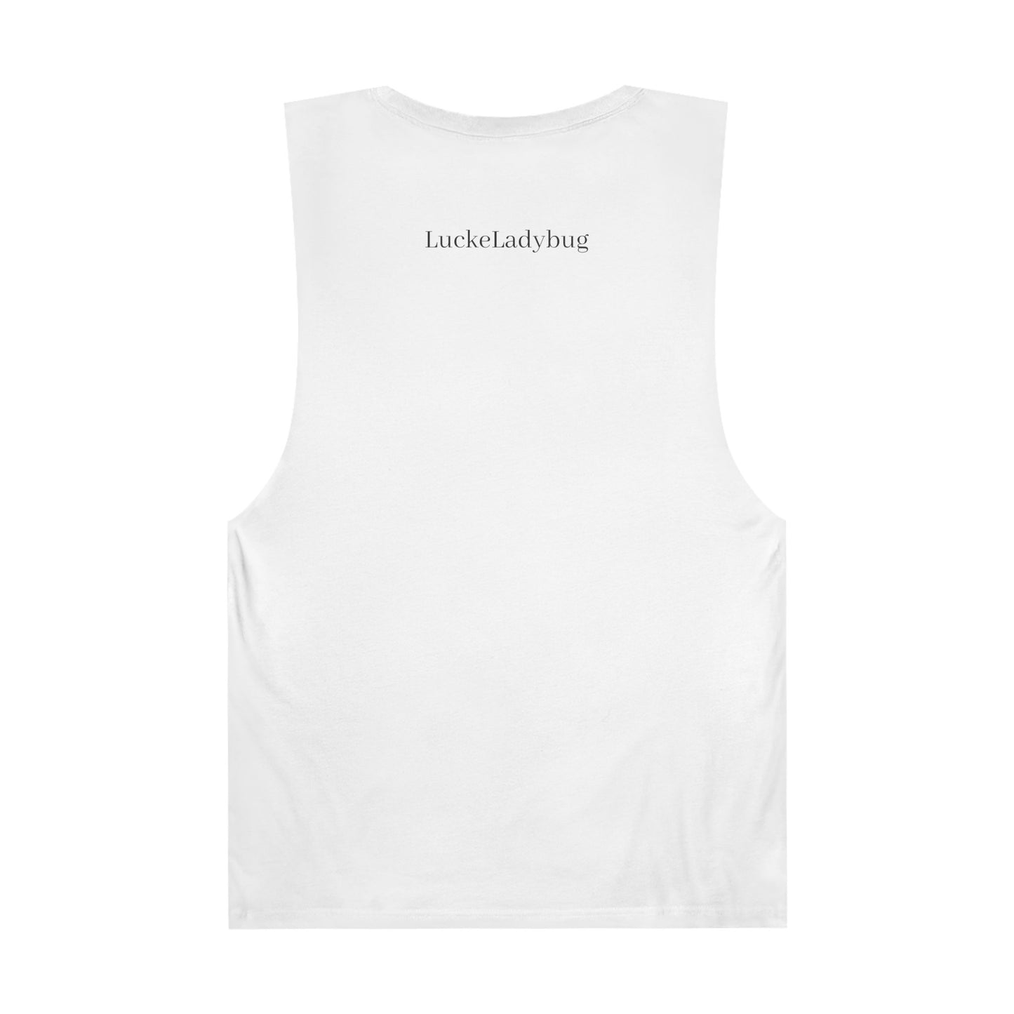 Back view of white tank top with LuckeLadybug logo for bold ladybug print tank