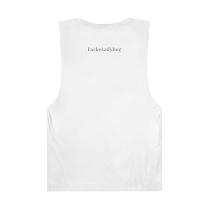Back view of white tank top with LuckeLadybug logo for bold ladybug print tank