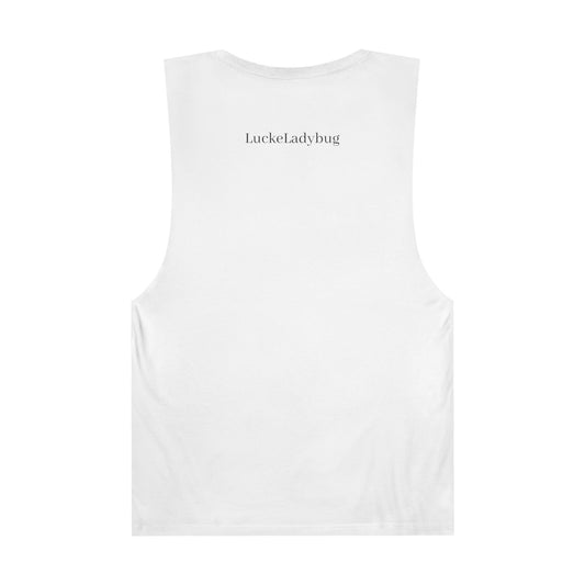 Back view of white tank top with LuckeLadybug logo for bold ladybug print tank