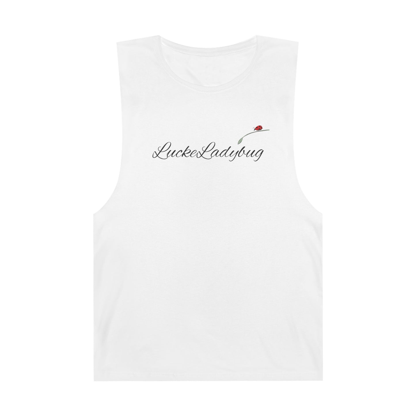 White tank top from LuckeLadybug featuring a bold ladybug print tank with small ladybug graphic and script logo