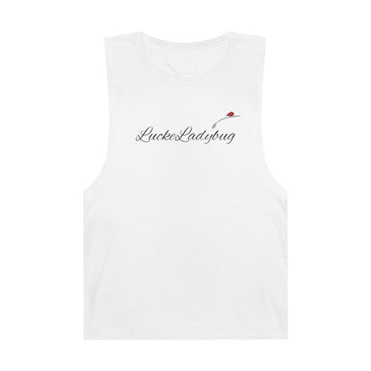 White tank top from LuckeLadybug featuring a bold ladybug print tank with small ladybug graphic and script logo