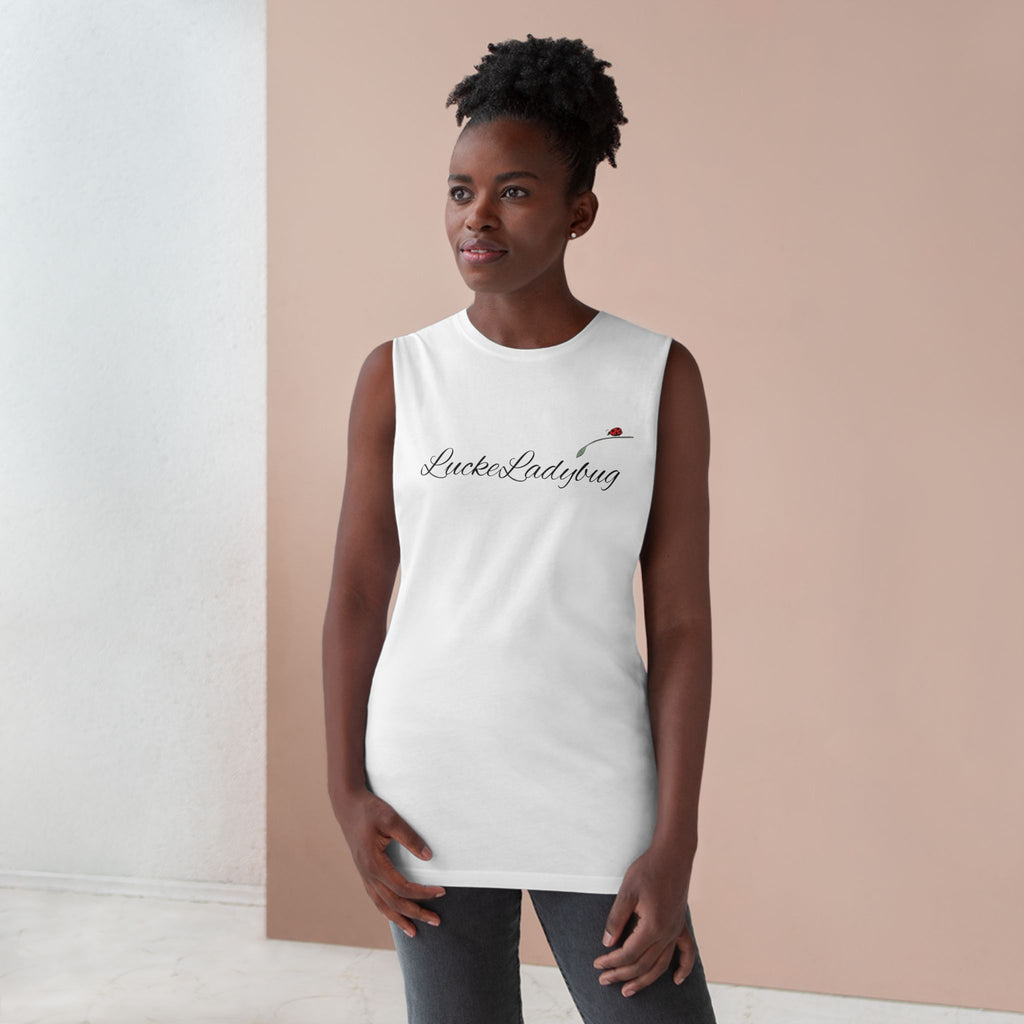 LuckeLadybug white tank top featuring bold ladybug print tank design worn by model