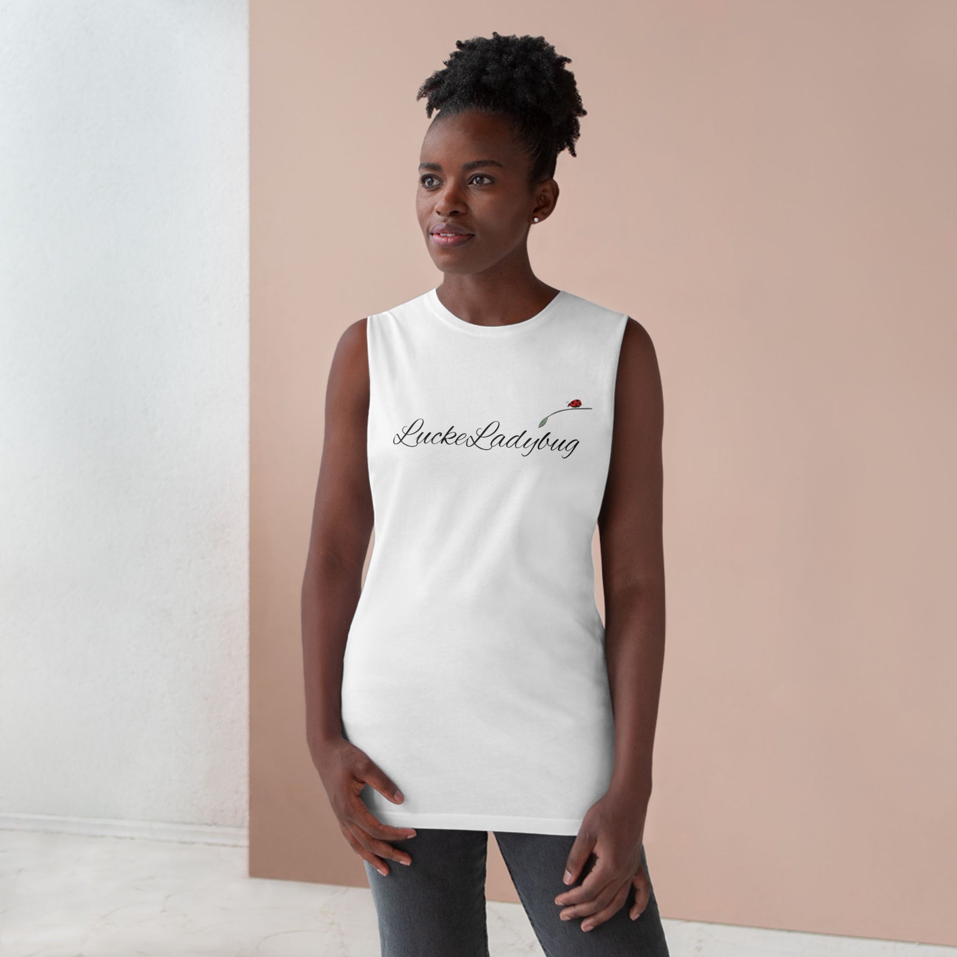 LuckeLadybug white tank top featuring bold ladybug print tank design worn by model