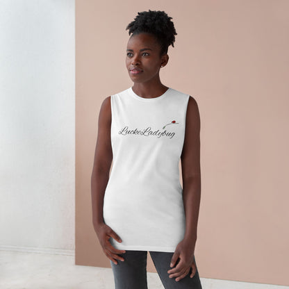 LuckeLadybug white tank top featuring bold ladybug print tank design worn by model