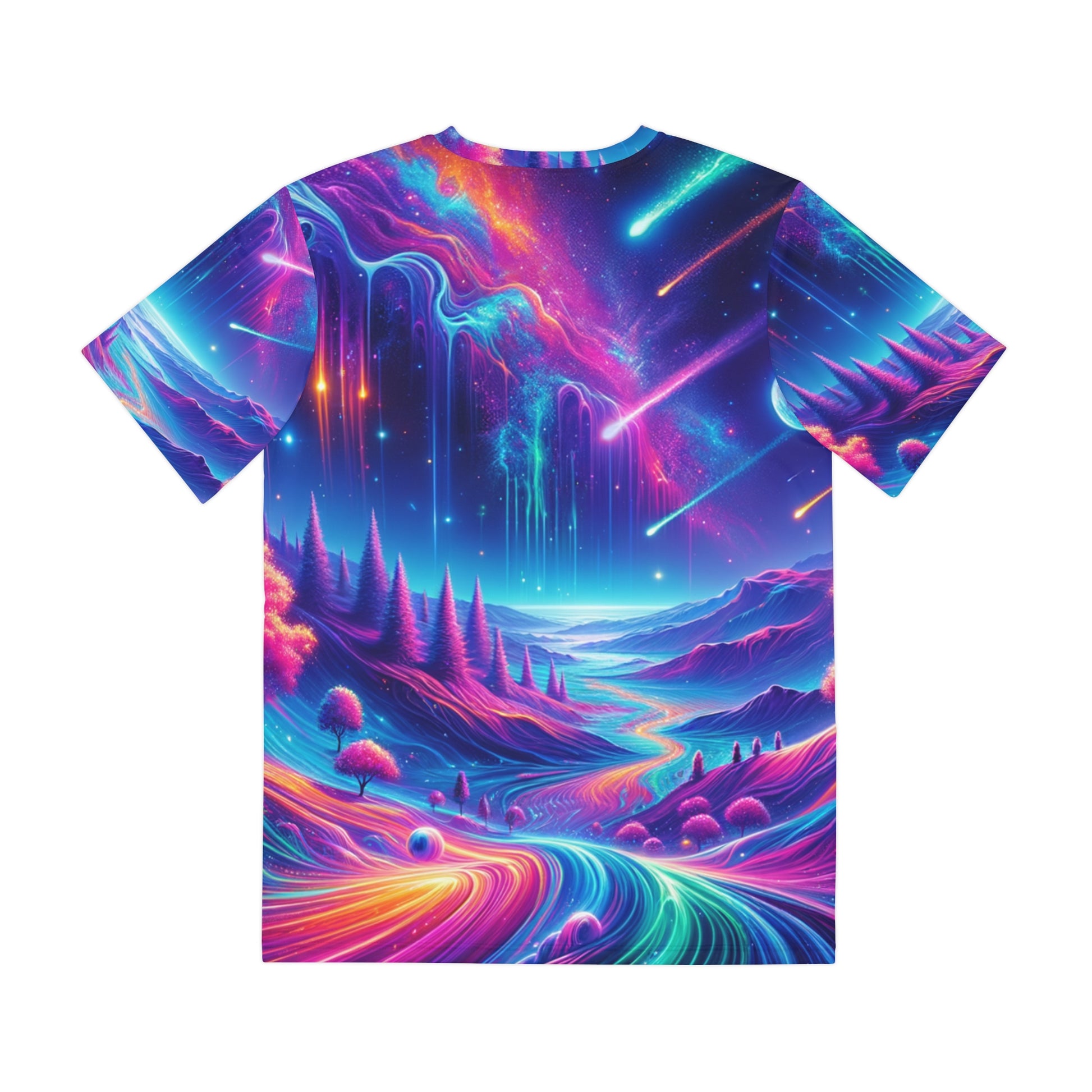 LuckeLadybug bold psychedelic mens shirt with vibrant cosmic landscape and colorful swirling patterns