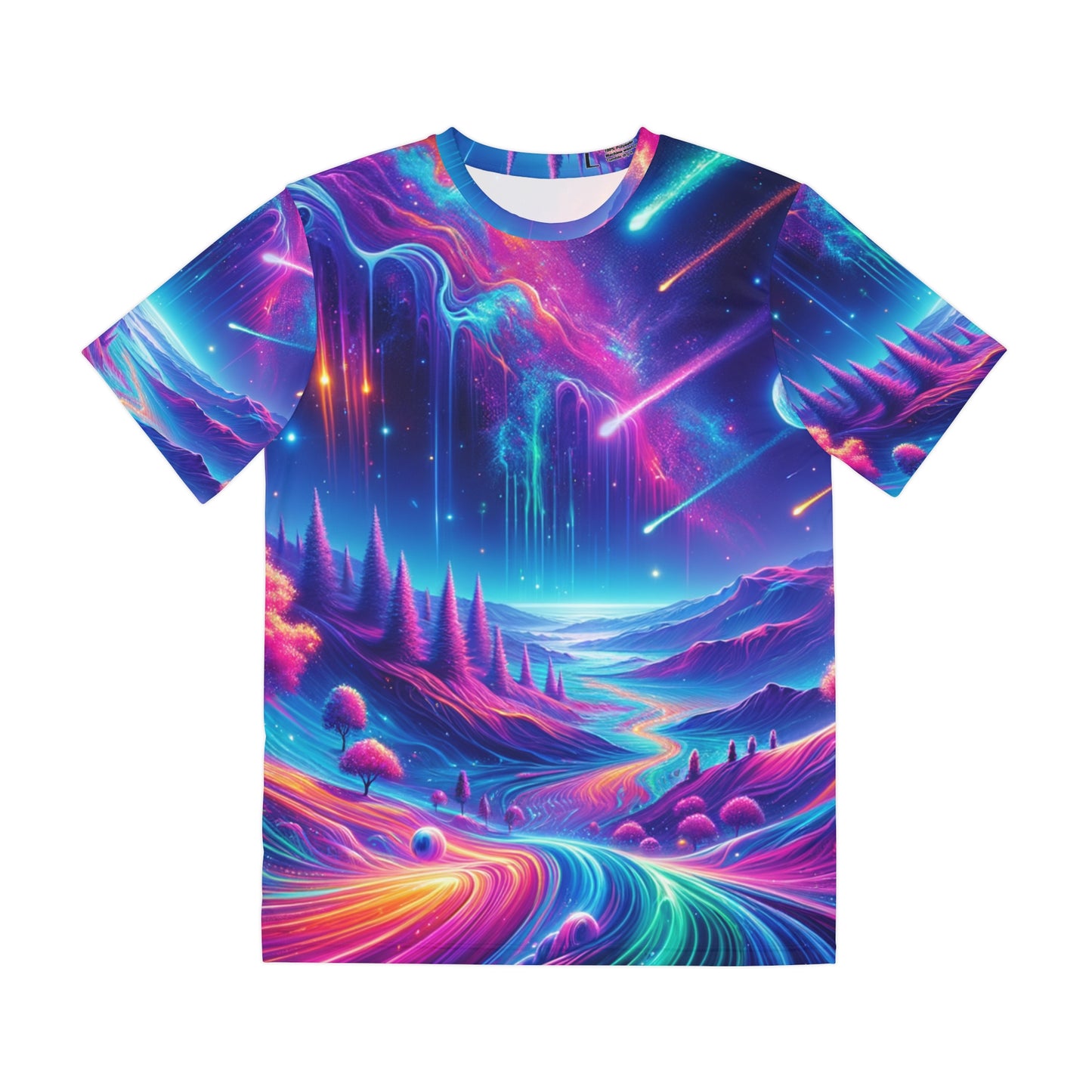 LuckeLadybug bold psychedelic mens shirt featuring vibrant cosmic landscape and neon colors
