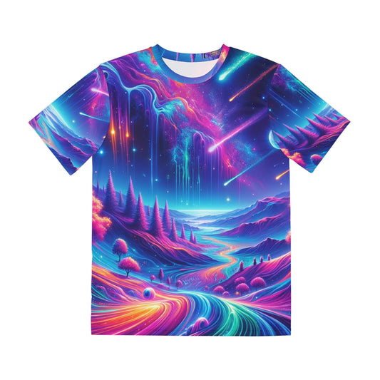 LuckeLadybug bold psychedelic mens shirt featuring vibrant cosmic landscape and neon colors