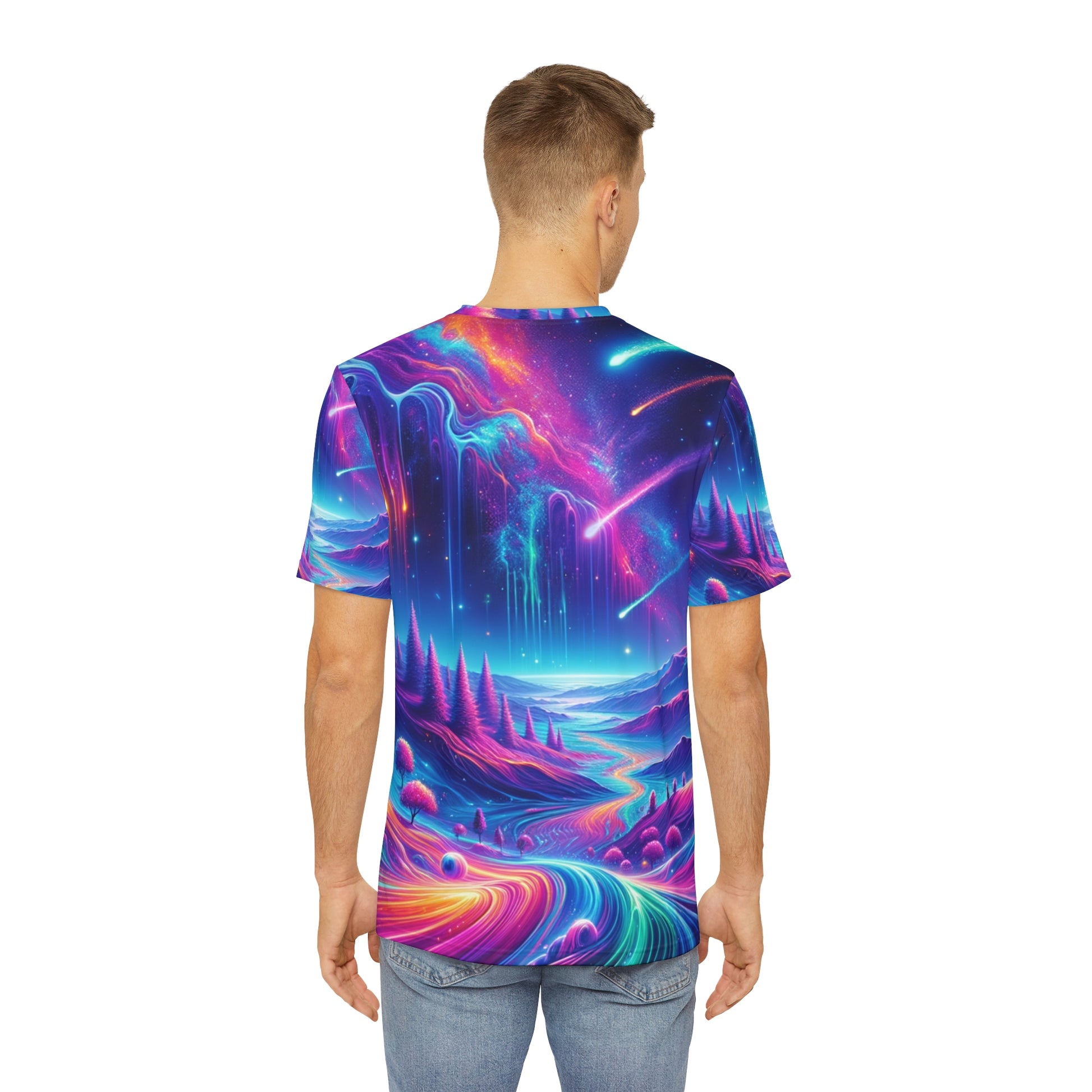 Bold psychedelic mens shirt with vibrant cosmic landscape design on back by LuckeLadybug