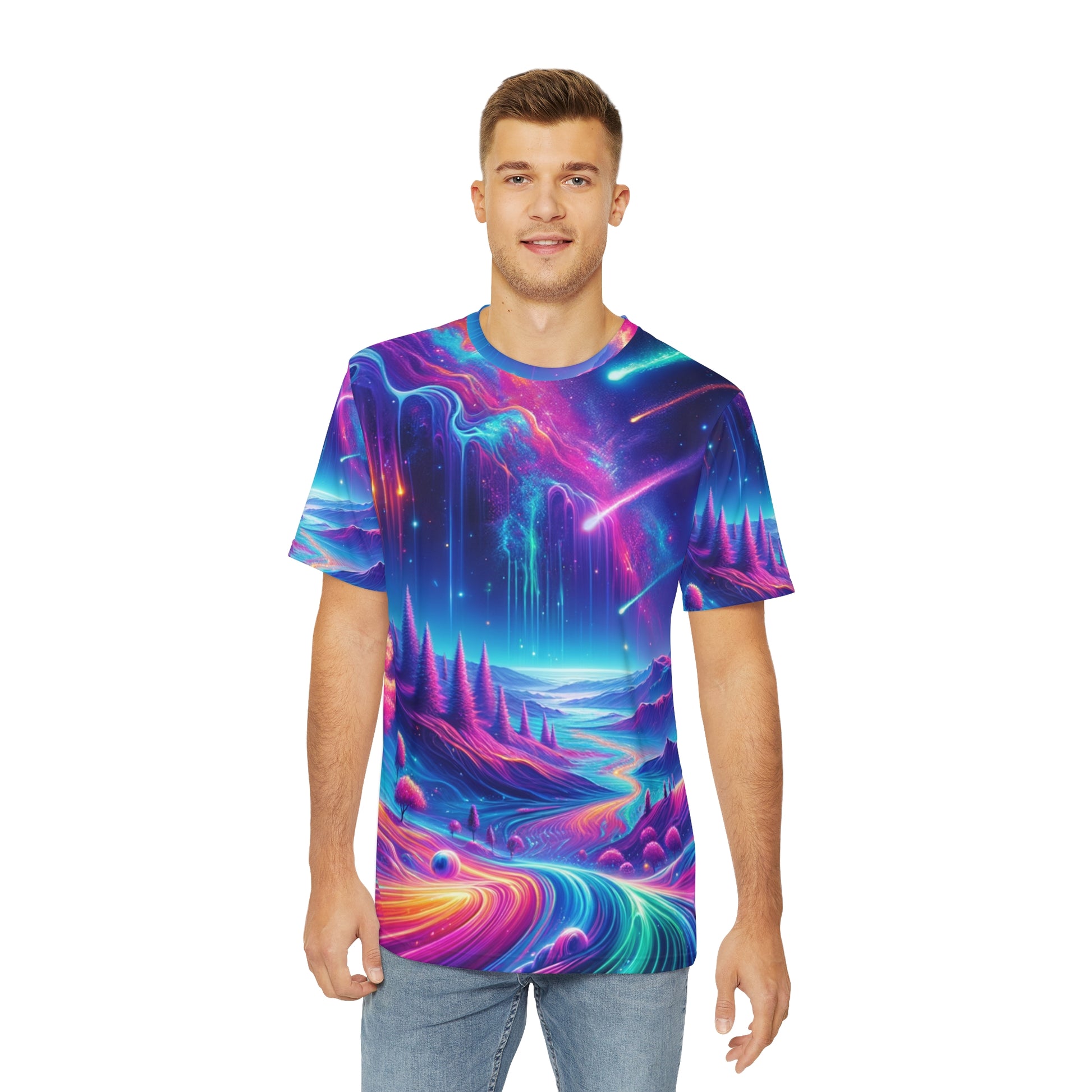 Bold psychedelic mens shirt by LuckeLadybug featuring vibrant cosmic landscape with neon colors