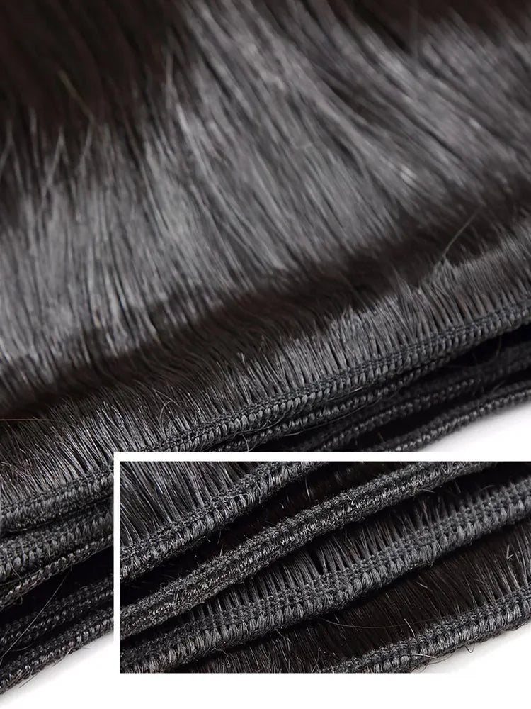 Close-up of bone straight Brazilian hair bundles with smooth, soft strands for easy styling