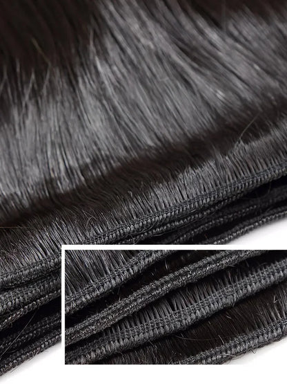 Close-up of bone straight Brazilian hair bundles with smooth, soft strands for easy styling