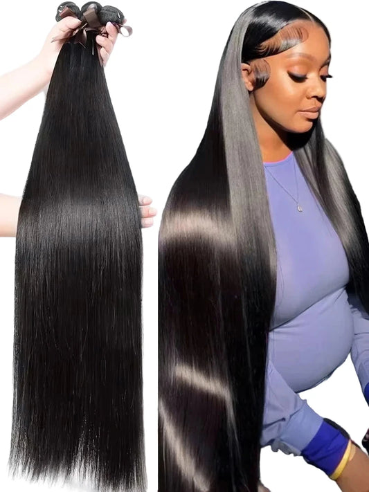 LuckeLadybug LLC Bone straight Brazilian hair bundles displayed on a model with long shiny hair