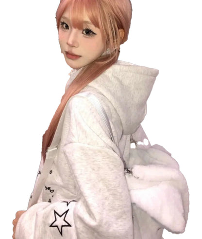 Cute embroidered hoodie for women in light grey with stylish design by LuckeLadybug LLC