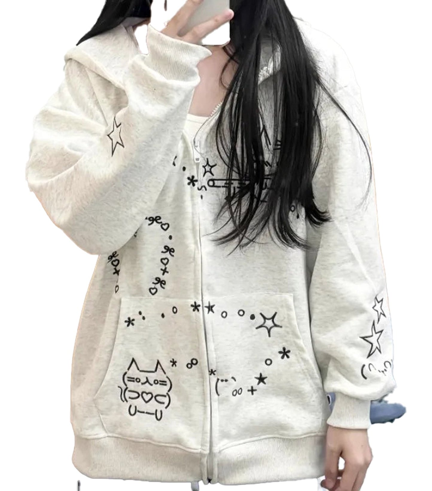 Cute embroidered hoodie for women with playful star and cat design in light color