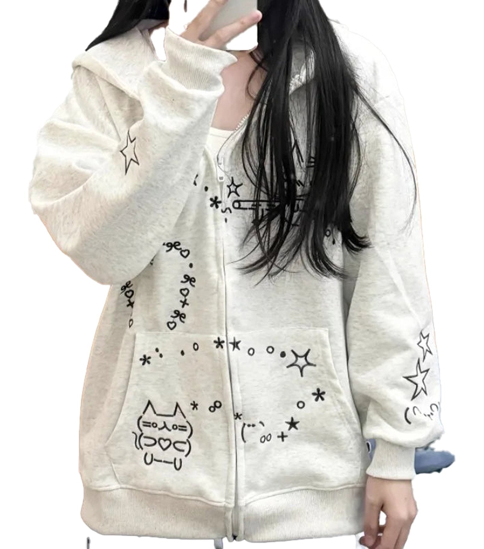 Cute embroidered hoodie for women with playful star and cat design in light color