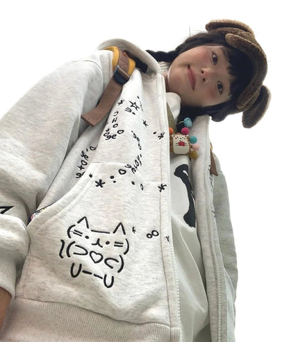 Cute embroidered hoodie for women in light gray with adorable cat design and cozy fit