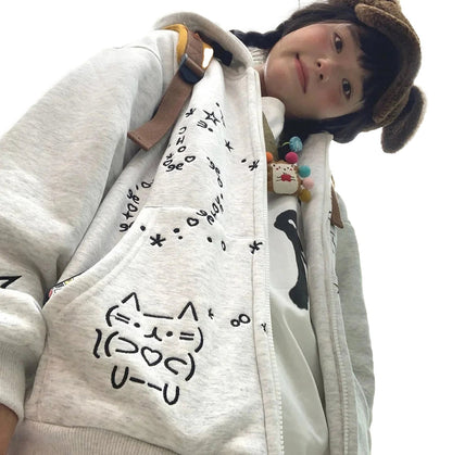 Cute embroidered hoodie for women with adorable cat design in a cozy light gray style