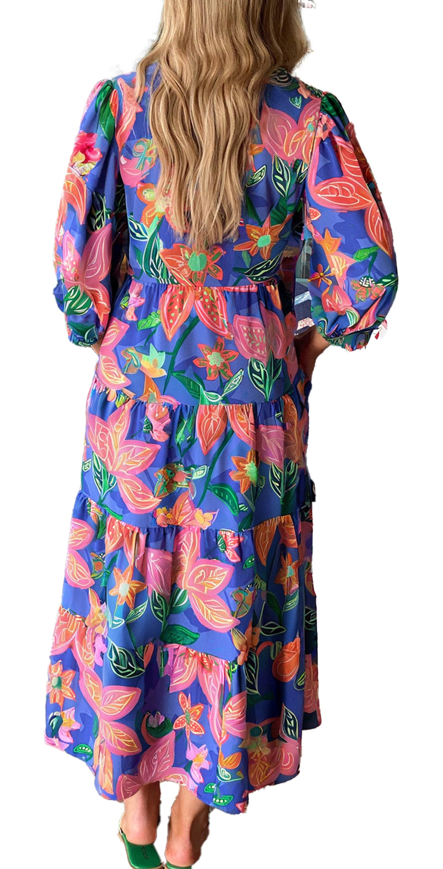 LuckeLadybug blue floral print long dress with puff sleeves and tiered maxi skirt shown from back in boutique