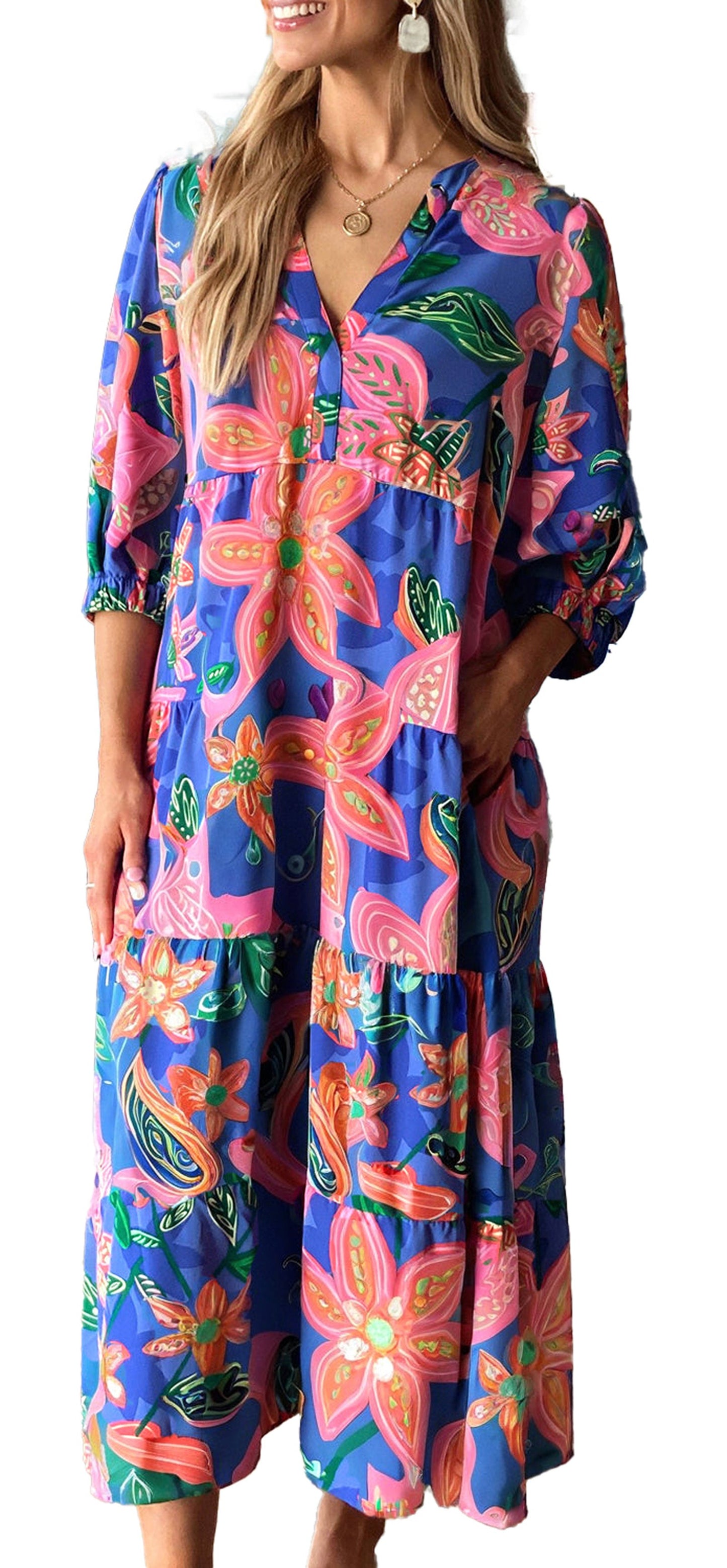 LuckeLadybug blue floral print long dress with pink tropical flowers tiered skirt and side pockets