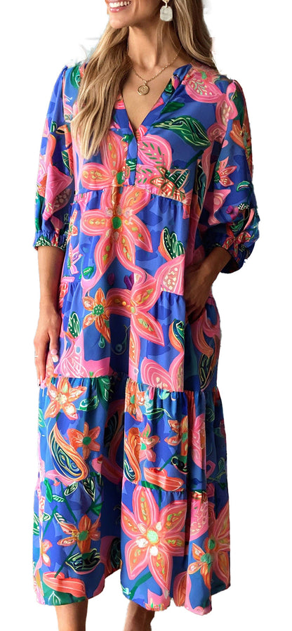 LuckeLadybug blue floral print long dress with pink tropical flowers tiered skirt and side pockets