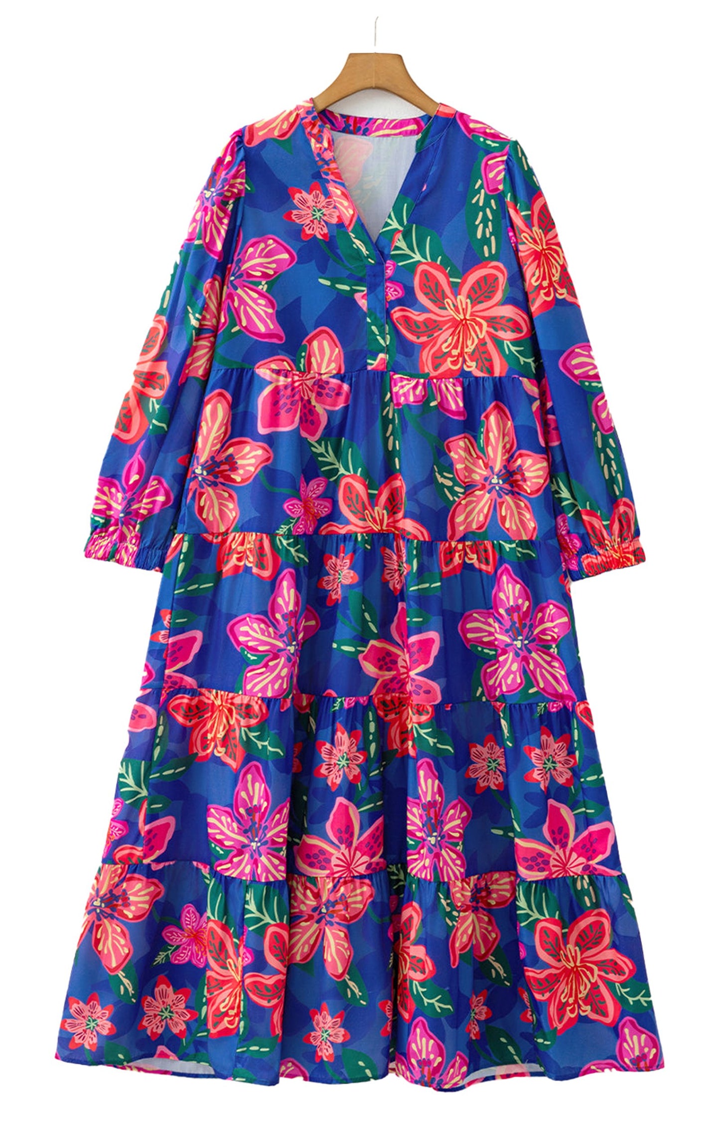 LuckeLadybug blue floral print long dress with long sleeves vibrant pink and orange tropical flowers and tiered skirt