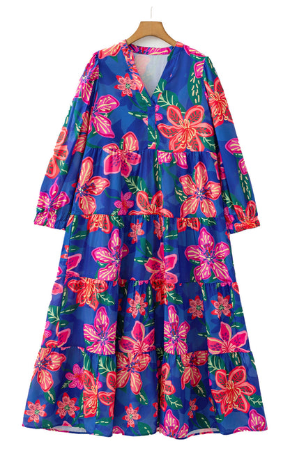 LuckeLadybug blue floral print long dress with long sleeves vibrant pink and orange tropical flowers and tiered skirt