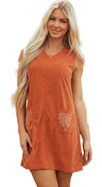 LuckeLadybug corduroy western mini dress sleeveless rust V neck with embroidered front pockets model outdoors