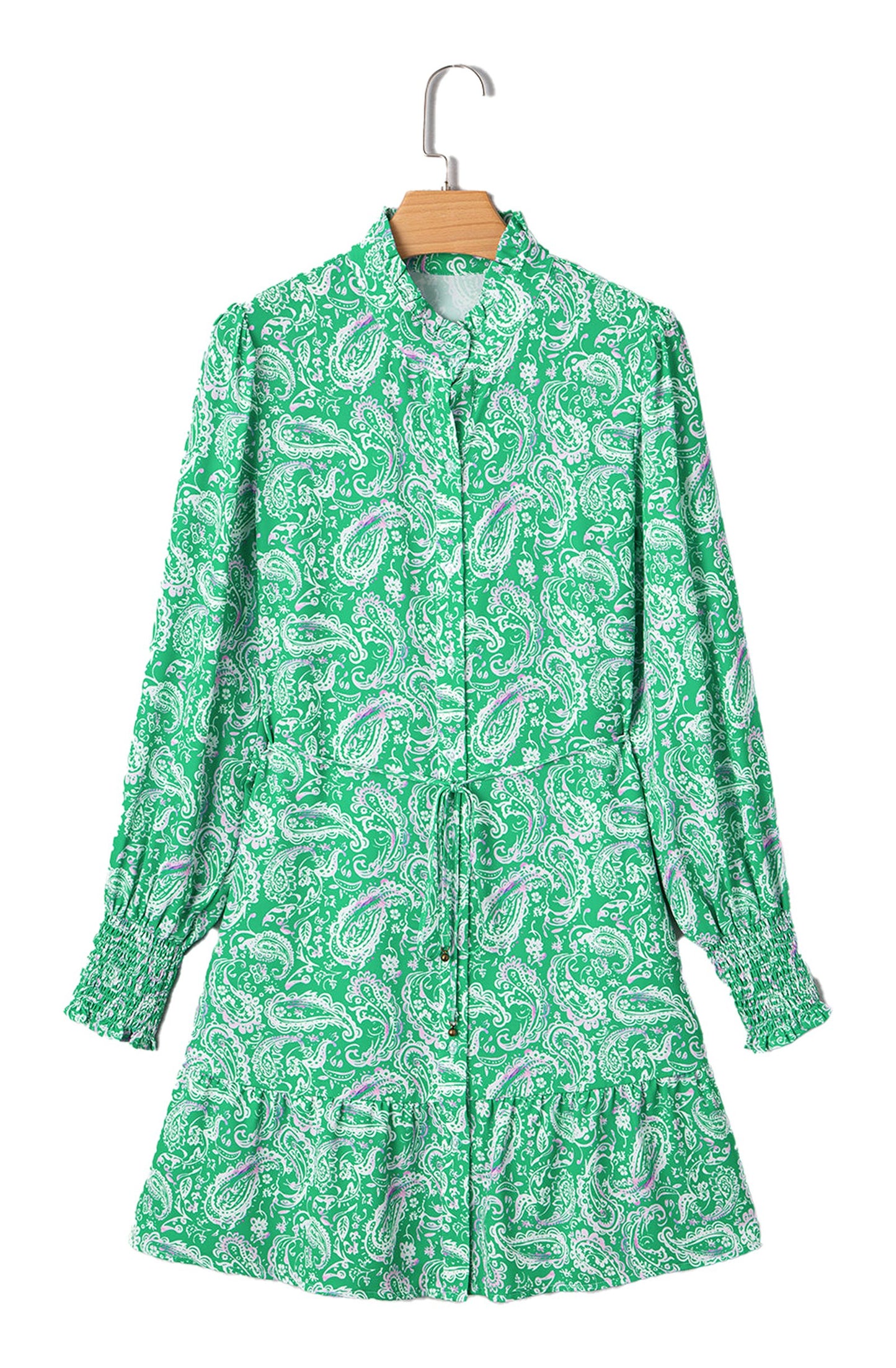 LuckeLadybug green paisley mini dress long sleeve collared button front with ruffle hem and smocked cuffs