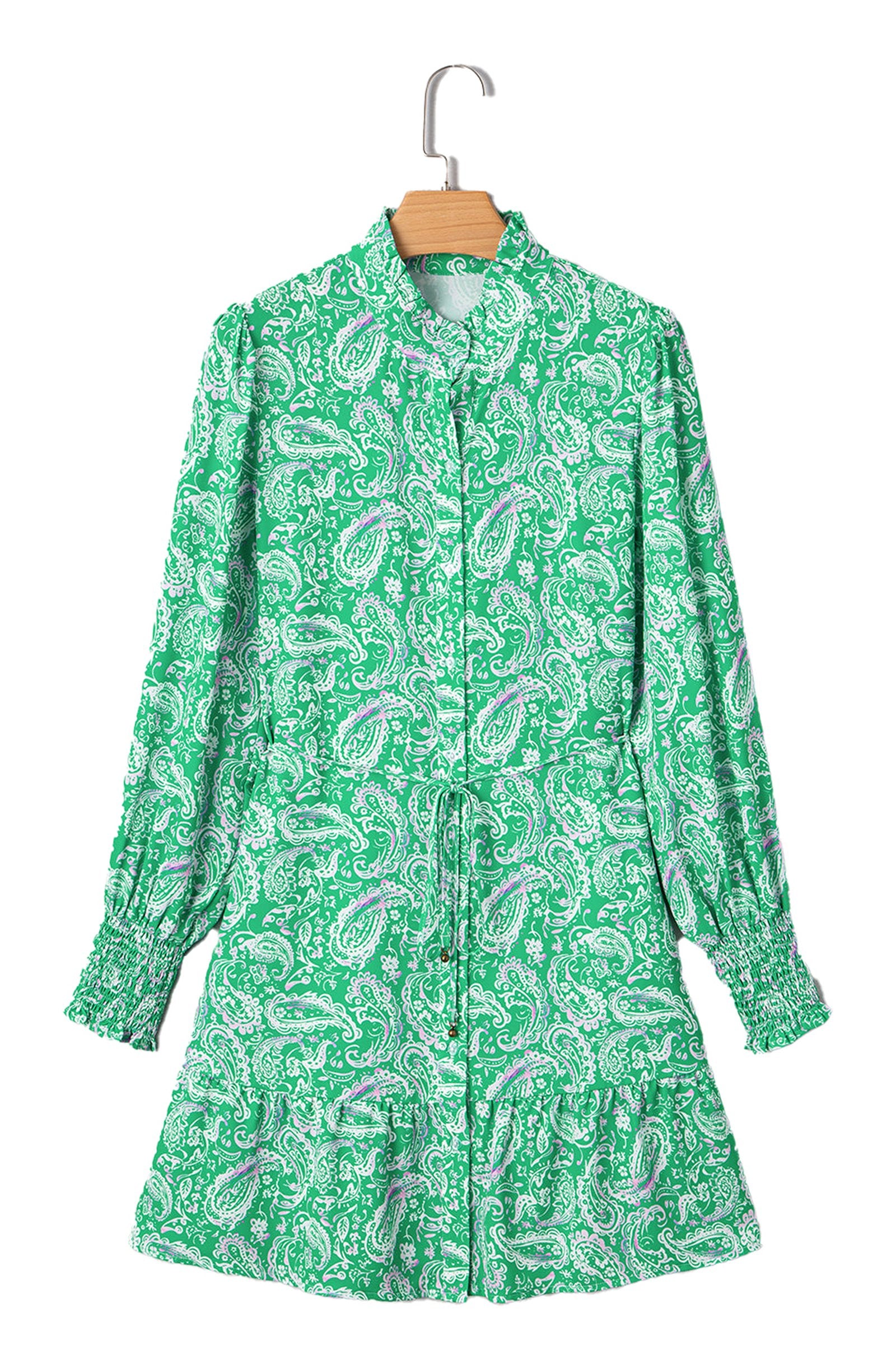 LuckeLadybug green paisley mini dress long sleeve collared button front with ruffle hem and smocked cuffs