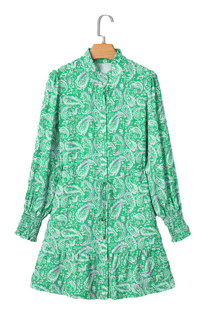 LuckeLadybug green paisley mini dress long sleeve collared button front with ruffle hem and smocked cuffs
