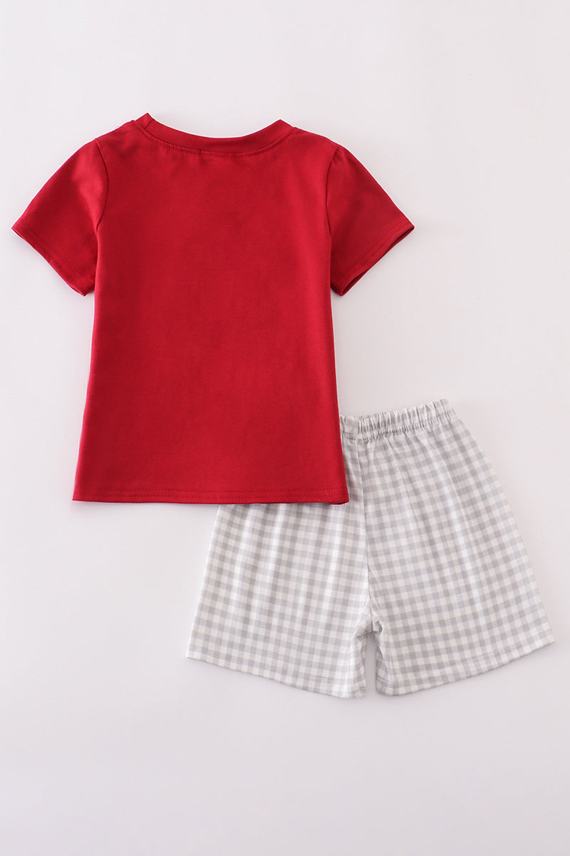 Boys southern football applique outfit with red short sleeve shirt and gray checkered shorts