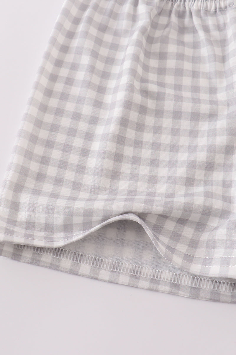 LuckeLadybug boys southern football applique outfit gray and white checkered shirt detail